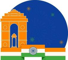 Canopy Behind India Gate With National Flag Ribbon On Blue And White Background And Copy Space. vector