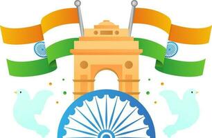 aislado India portón Monumento con medio ashoka rueda, ondulado bandera y volador palomas Copiar espacio antecedentes. vector