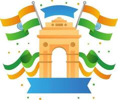 Blank Ribbon With India Gate And Wavy Flags Background. vector