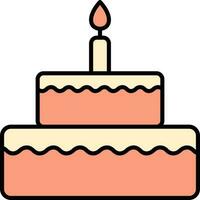 Burning Candle On Two Layer Cake Orange And Yellow Icon. vector