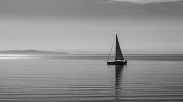 white image of a lone sailboat on a calm sea, photo