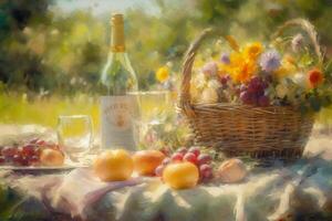 featuring a basket of fresh fruit and bread, a bottle of wine, and a bouquet of wildflowers. photo