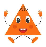 Isolated Sticker Of Laughing Orange Triangle Cartoon In Jumping Pose Over Grey Background. vector