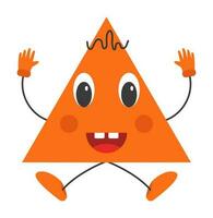 Isolated Sticker Of Laughing Orange Triangle Cartoon In Jumping Pose Over Grey Background. vector