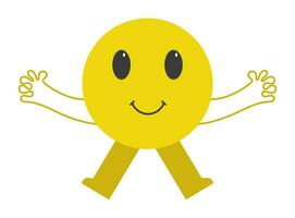 Isolated Yellow Sticker Of Flying Circle Cartoon With Open Arms Over Grey Background. vector