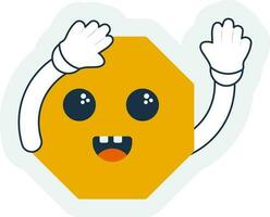 Cheerful Yellow Nonagon Geometric Shape Cartoon With Hand Up In Sticker Style. vector