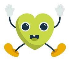 Sticker Of Cute Jumping Heart Cartoon In Green And Yellow Color. vector