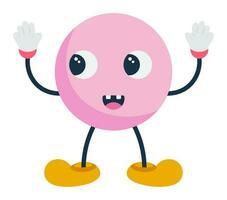 Isolated Sticker Of Cheerful Pink Circle Shape Cartoon With Hands Up Over Grey Background. vector