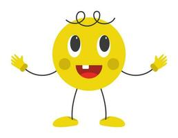 Open Arm Standing Laughing Circle Cartoon Against Grey Background In Sticker Style. vector