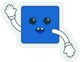 Sticker Of Blue Square Shape Cartoon In Hand Up And Down Pose. vector