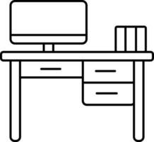 Books And Computer On Drawer Desk Linear Icon. vector