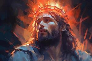 Jesus with a crown of thorns surrounded by glowing light Palette knife drawing. photo