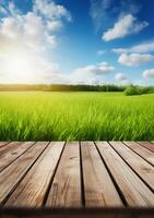 Spring summer beautiful background with green juicy young grass and empty wooden table in nature outdoor. Natural template landscape with blue sky and sun. photo