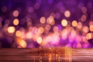 Gold and purple Fireworks and bokeh in New Year eve and copy space. Abstract background holiday, photo