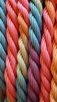 A pattern of multicoloured ropes and twines twisted. photo