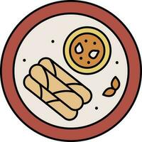 Top View Spring Roll With Sauce Bowl On Plate Colroful Icon. vector