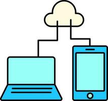 ordenador portátil con teléfono inteligente conectar nube servidor azul y amarillo icono. vector