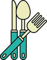 Knife With Fork And Spoon For Dishware Object Icon In Teal And Yellow Color. vector