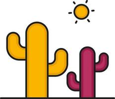 Pink And Yellow Cactus Tree With Sun Flat Icon. vector