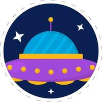 Sticker Style Alien Spaceship In Star Blue Circle Background. vector