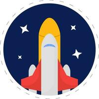 Sticker Style Colorful Flying Rocket In Stars Blue Circle Background. vector