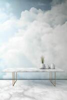 mármol mesa, blanco cielo muro, grunge nube textura fondo, suave difuminar producto monitor póster diseño. ai generativo foto
