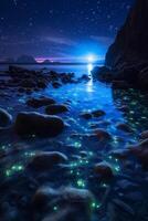 Ocean shore at night, the water is full of dinoflagellates, glowing with millions bright blue neon glow in the dark tiny dots. photo