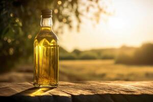 dorado aceituna petróleo botella en de madera mesa aceituna campo en Mañana luz solar. ai generativo foto