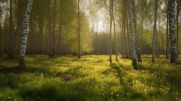 Birch grove in spring on sunny day with beautiful carpet of juicy green young grass and dandelions in rays of sunlight, photo