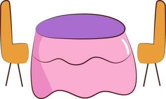 Cloth Covering Table With Two Chair Icon In Yellow And Pink Color. vector