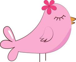 Wearing Flower Cute Pink Bird Cartoon Icon In Doddle Style. vector