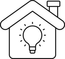 Illuminated Bulb With Home Icon In Black Thin Line Art. vector