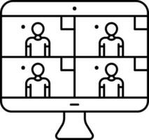 Video Conferncing Desktop People Icon In Black Thin Line Art. vector