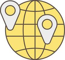 Grey And Yellow Location Pin On Globe Icon. vector
