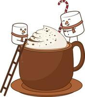 Climbing Marshmallow Cartoon On Cocoa Cup With Ladder And Candy Cane Element In Flat Style. vector