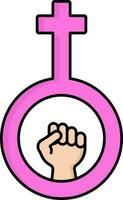 Flat Style Fist Raised Hand With Female Gender Symbol Or Icon. vector