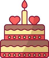 Two Heart Decorate Cake With Burning Candle Red And Yellow Icon. vector
