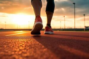 Runners feet in a athletic running track. Young man athlete training at sunset. photo