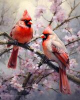 watercolor impressionist painting of cardinals depicting. photo