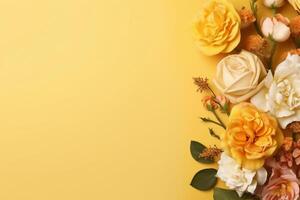 peonias, rosas en amarillo antecedentes con Copiar espacio. resumen natural floral marco diseño con texto espacio. romántico femenino composición. Boda invitación.. ai generativo foto