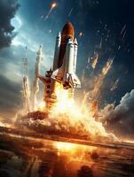 The space shuttles launching from the earth as a tectonic crisis destroys it. photo