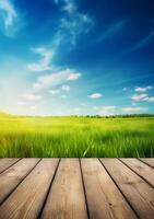 Spring summer beautiful background with green juicy young grass and empty wooden table in nature outdoor. Natural template landscape with blue sky and sun. AI Generative photo