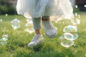 A close - up of big bubbles, blurred background of a child's legs wearing white clothes and running around on the lawn. photo