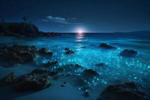 Ocean shore at night, the water is full of dinoflagellates, glowing with millions bright blue neon glow in the dark tiny dots. photo