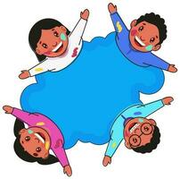 Cheerful Kids Looking Up With Copy Space On Blue And White Background For Holi Festival. vector