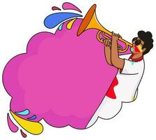 Cartoon Young Man Playing Trumpet With Copy Space On Pink And White Background. vector