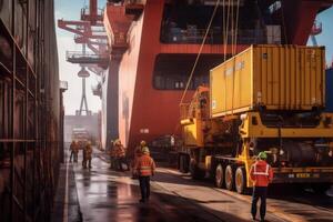 A group of businessmen walking down the street next to a large cargo ship in a harbor. photo