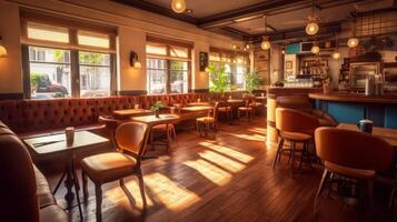 Restaurant with people sitting at tables and enjoying their meals. photo