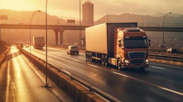 A truck driving on a highway. photo
