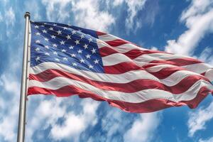 Photo of an American flag waving proudly in the sky symbolizing the spirit of freedom and national pride.